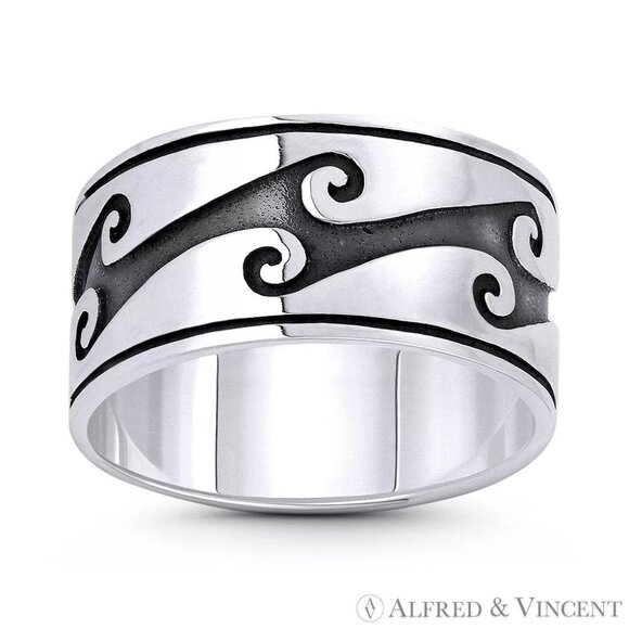 Wide Ring Swirl Pattern "Sea Wave" Beachbum Charm in .925 Sterling Silver Size9 - Picture 1 of 1